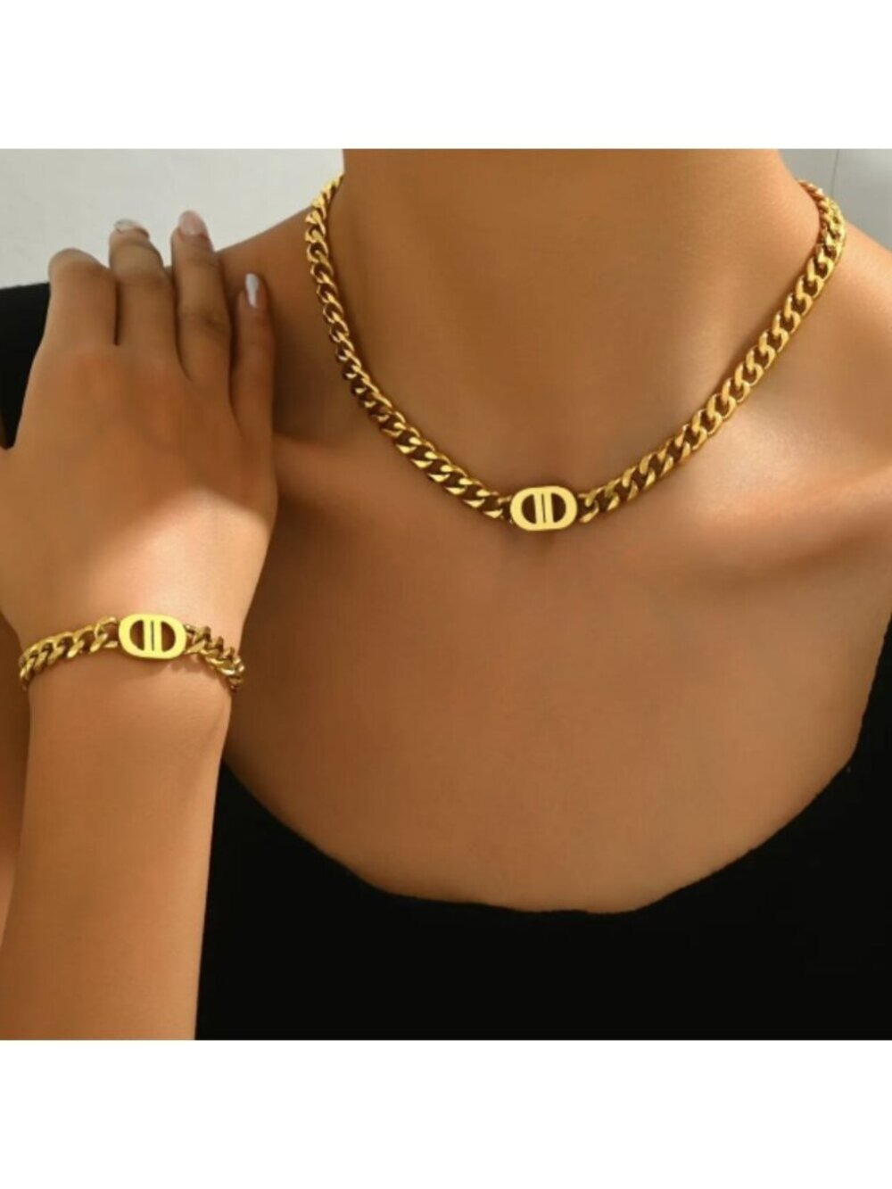 CD 18k Gold Filled Chain Necklace and Bracelet Set